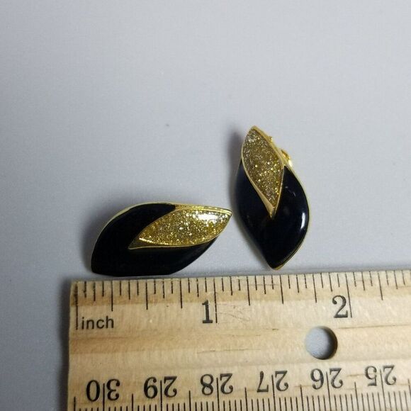 Vintage Black Enamel and Gold Glitter Clip On earrings, Retro 80s Style, Estate - Picture 4 of 6